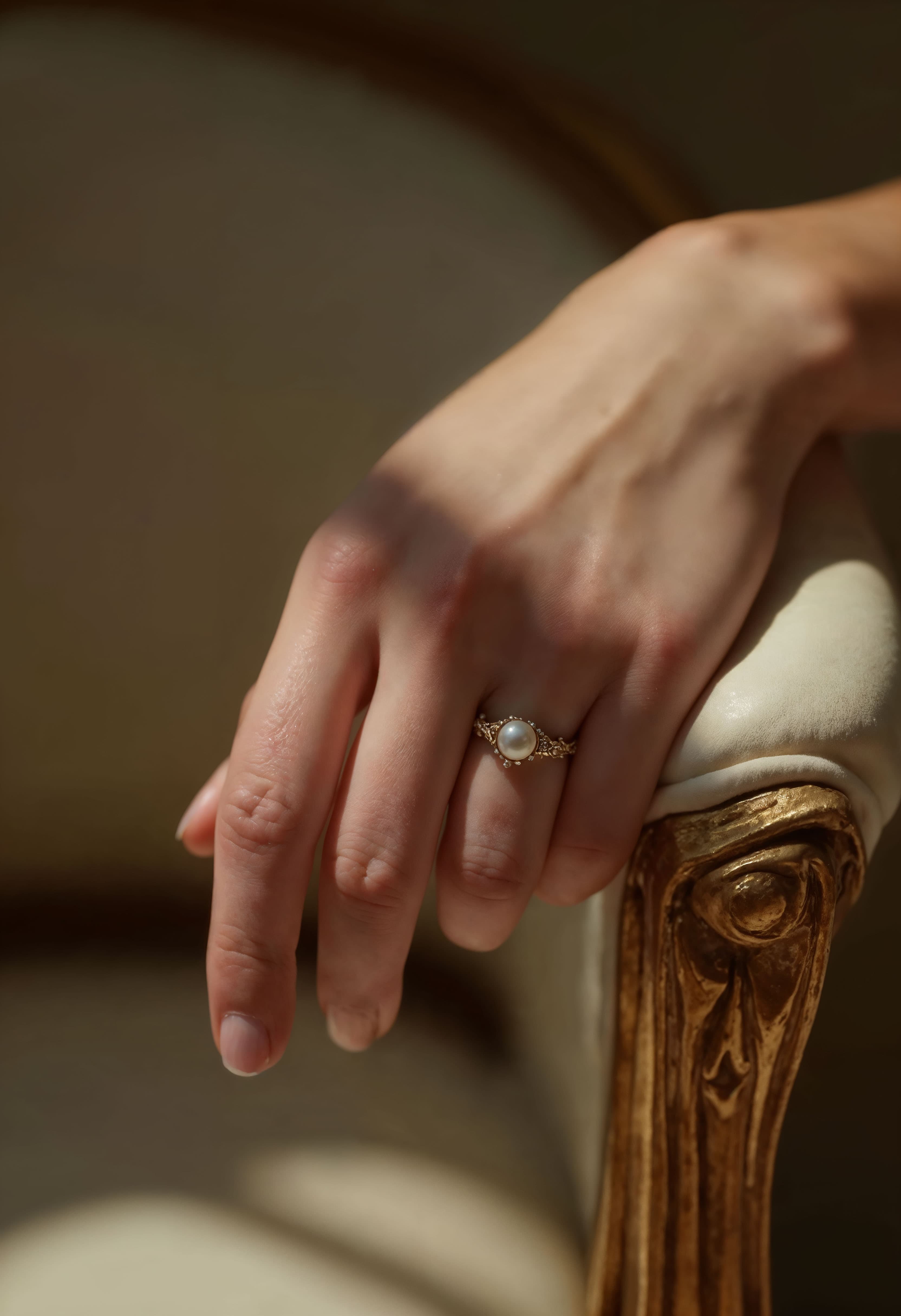 A hand wearing a fine pearl and gold ring